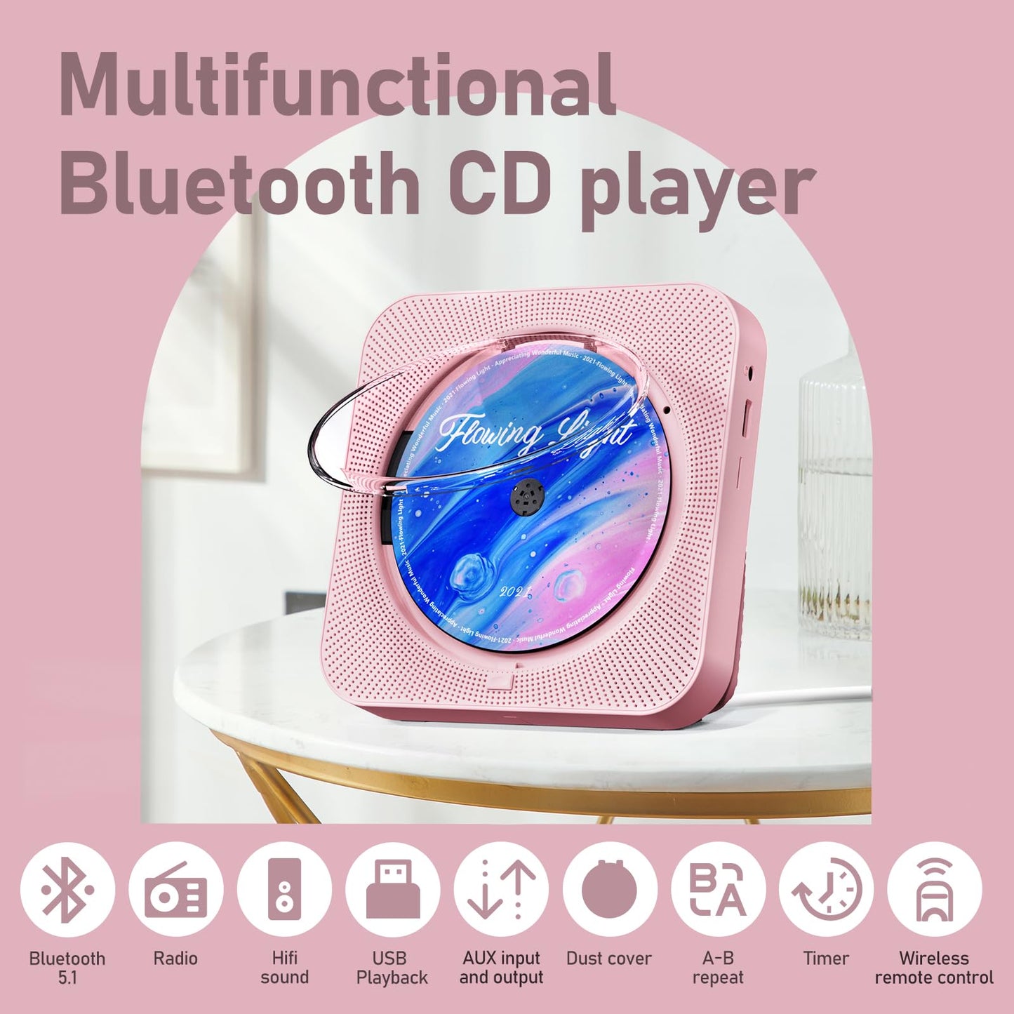 CD Player Portable with Bluetooth 5.1Desktop CD Player with HiFi Sound Speakers,Remote Control,Dust Cover,LED Display,Boombox FM Radio,USB/AUX for Home (Pink)